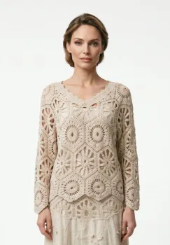 Bluza de vara cu broderie din bumbac, croi lejer, bej imagine