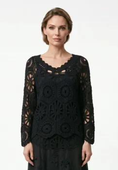 Bluza de vara cu broderie din bumbac, croi lejer, neagra imagine