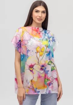 Bluza de vara tip poncho din matase cu imprimeu aquarela floral imagine