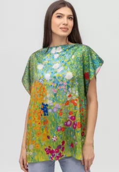Bluza de vara tip poncho din matase cu imprimeu camp cu maci imagine