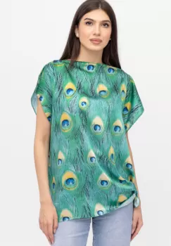 Bluza de vara tip poncho din matase cu imprimeu coada de paun imagine