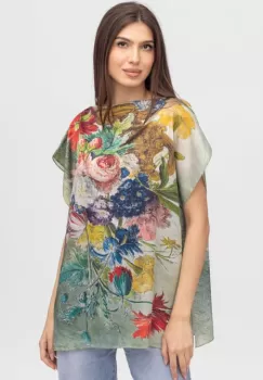 Bluza de vara tip poncho din matase cu imprimeu floral imagine