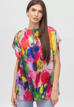 Bluza de vara tip poncho din matase cu imprimeu floral pensulat imagine