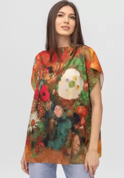 Bluza de vara tip poncho din matase cu imprimeu floral pictural imagine