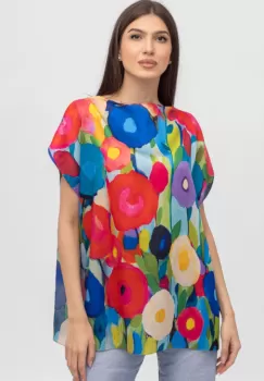 Bluza de vara tip poncho din matase cu imprimeu flori picturale imagine
