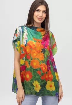 Bluza de vara tip poncho din matase cu imprimeu flori rosii imagine