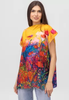 Bluza de vara tip poncho din matase cu imprimeu maci rosii imagine