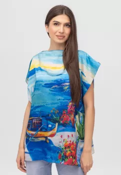 Bluza de vara tip poncho din matase cu imprimeu marin cu barca imagine