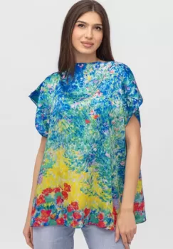 Bluza de vara tip poncho din matase cu imprimeu pictural imagine