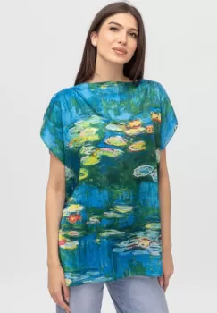 Bluza de vara tip poncho din matase cu imprimeu reproducere dupa Nuferii de Claude Monet imagine