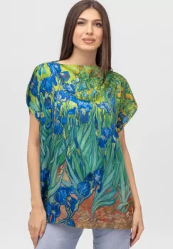 Bluza de vara tip poncho din matase cu reproducere dupa Irisi de Van Gogh imagine