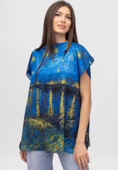 Bluza de vara tip poncho din matase cu reproducere dupa Noapte Instelata deasupra Rhonului de Claude Monet imagine