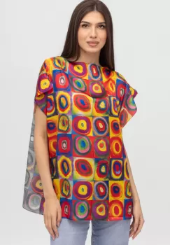 Bluza de vara tip poncho din matase cu reproducere dupa pictura lui Kandinski, cercuri mari imagine