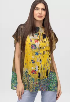 Bluza de vara tip poncho din matase cu reproducere dupa Sarutul de Gustav Klimt imagine