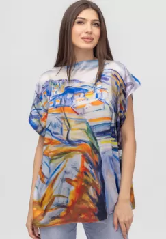 Bluza de vara tip poncho din matase imprimata cu reproducere dupa picturi celebre imagine