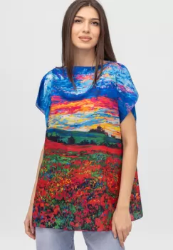 Bluza de vara tip poncho din matase imprimata cu reproduceri dupa picturi celebre cu motive florale imagine
