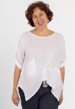 Bluza din in alba, asimetrica, cu siret pe fata imagine