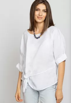 Bluza din in alba masura mare cu nod pe talie imagine