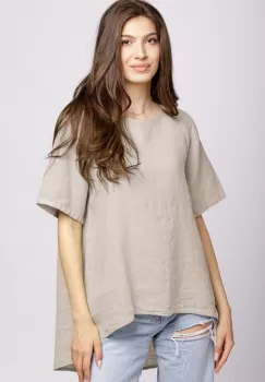 Bluza din in bej, asimetrica, cu nasturi pe spate imagine