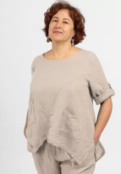 Bluza din in bej, asimetrica, cu siret pe fata imagine