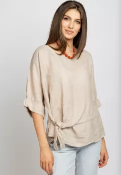 Bluza din in bej masura mare cu nod pe talie imagine