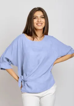 Bluza din in bleu masura mare cu nod pe talie imagine