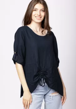 Bluza din in bleumarin, asimetrica, cu siret pe fata imagine