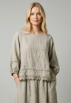 Bluza din in cu dantela, croi lejer, stil natural elegant, bej imagine