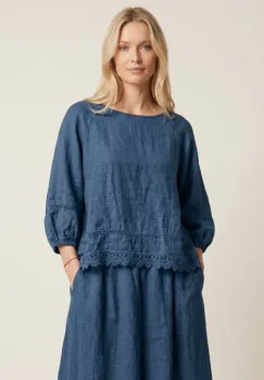 Bluza din in cu dantela, croi lejer, stil natural elegant, bleumarin imagine