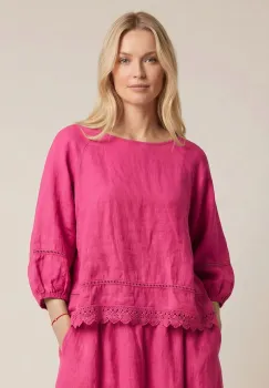 Bluza din in cu dantela, croi lejer, stil natural elegant, fucsia imagine