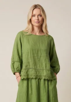 Bluza din in cu dantela, croi lejer, stil natural elegant, verde imagine