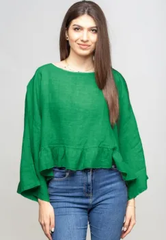 Bluza din in cu volanas, oversize, verde imagine