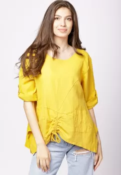 Bluza din in galbena, asimetrica, cu siret pe fata imagine