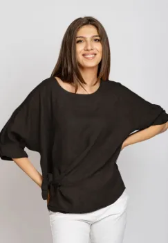 Bluza din in gri inchis masura mare cu nod pe talie imagine