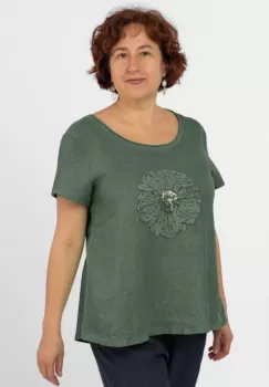 Bluza din in kaki, cu floare si paiete pe piept imagine