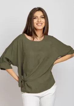 Bluza din in kaki, masura mare cu nod pe talie imagine