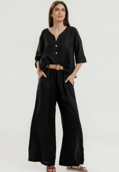 Bluza din in lejera cu nasturi decorativi, neagra imagine