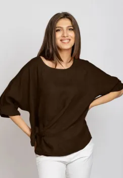 Bluza din in maro inchis masura mare cu nod pe talie imagine