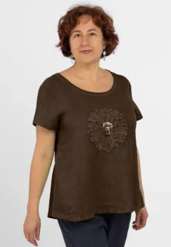 Bluza din in maron, cu floare si paiete fine pe piept imagine