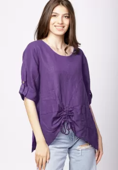 Bluza din in mov, asimetrica, cu siret pe fata imagine