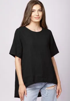 Bluza din in neagra, asimetrica, cu nasturi pe spate imagine