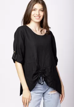 Bluza din in neagra, asimetrica, cu siret pe fata imagine