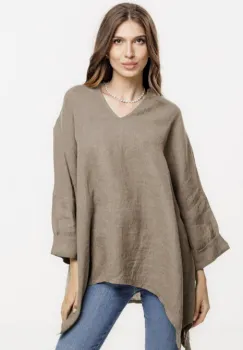 Bluza din in oversize,cu colturi si decolteu in V, bej inchis imagine