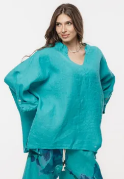 Bluza din in oversize,cu colturi si decolteu in V, turcoaz imagine