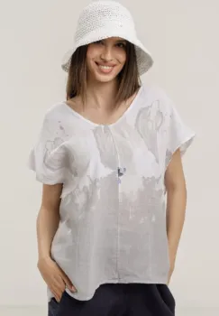 Bluza din in oversize cu funda la spate si imprimeu floral stilizat pastel, pe fond alb imagine