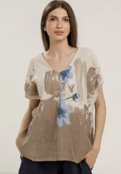 Bluza din in oversize cu funda la spate si imprimeu floral stilizat pastel, pe fond bej imagine