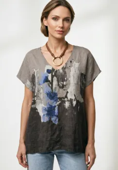 Bluza din in oversize cu funda la spate si imprimeu floral stilizat pastel, pe fond grej imagine