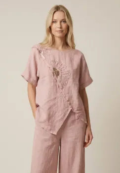 Bluza din in roz cu paiete si broderie, croi lejer asimetric, stil elegant natural imagine