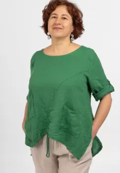 Bluza din in verde, asimetrica, cu siret pe fata imagine