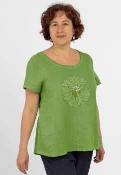 Bluza din in verde oliv, cu floare si paiete fine pe piept imagine